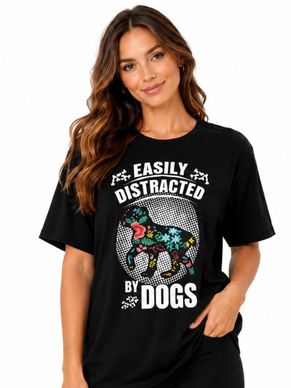 Easily Distracted by Dogs Black Graphic Tee Shirt Women’s Large